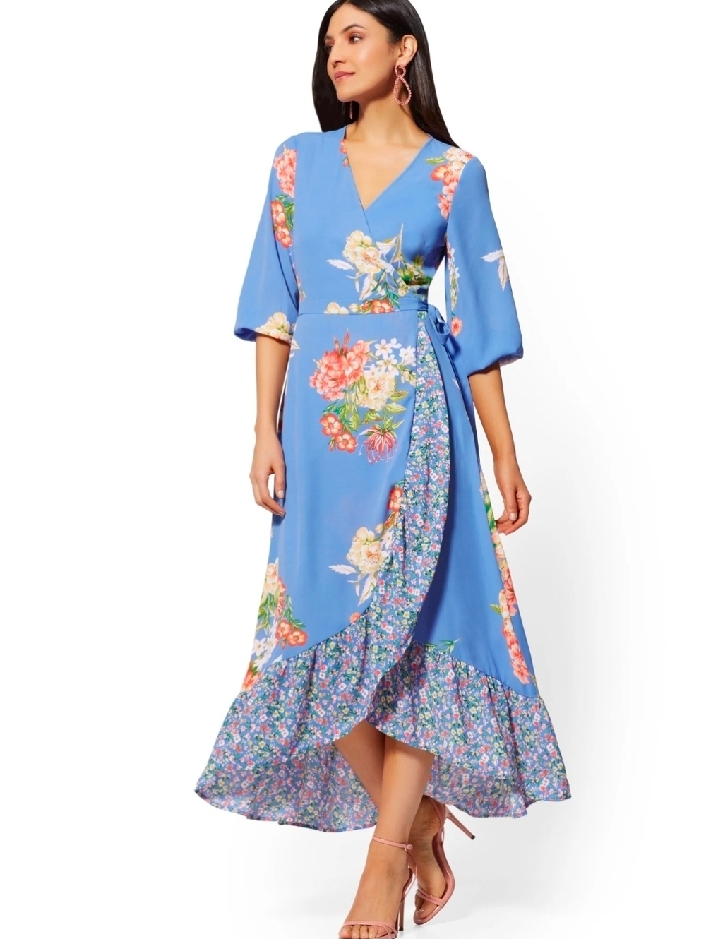 New York & Company Blue Floral High-Low Wrap Dress